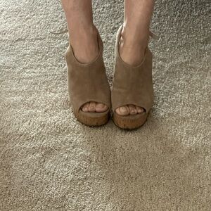 Women's Tan Suede Peep-Toe Platforms
